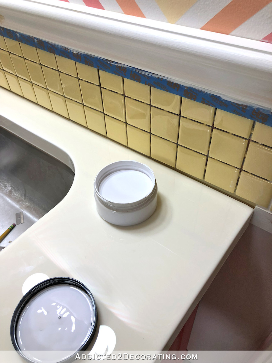 white DIY resin bathroom countertop using Stone Coat Countertop resin - yellowed after two months