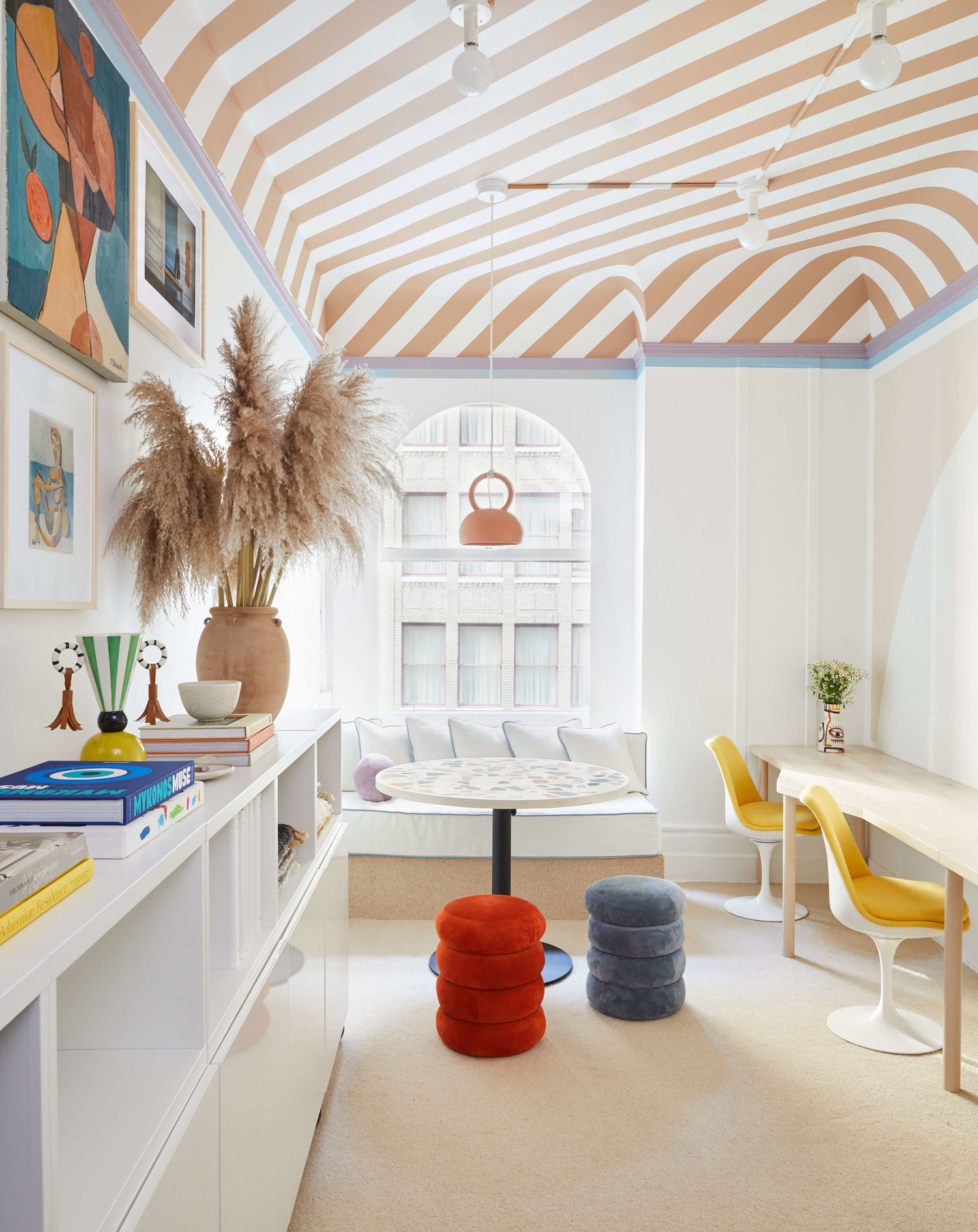 the happiest office with striped ceilings